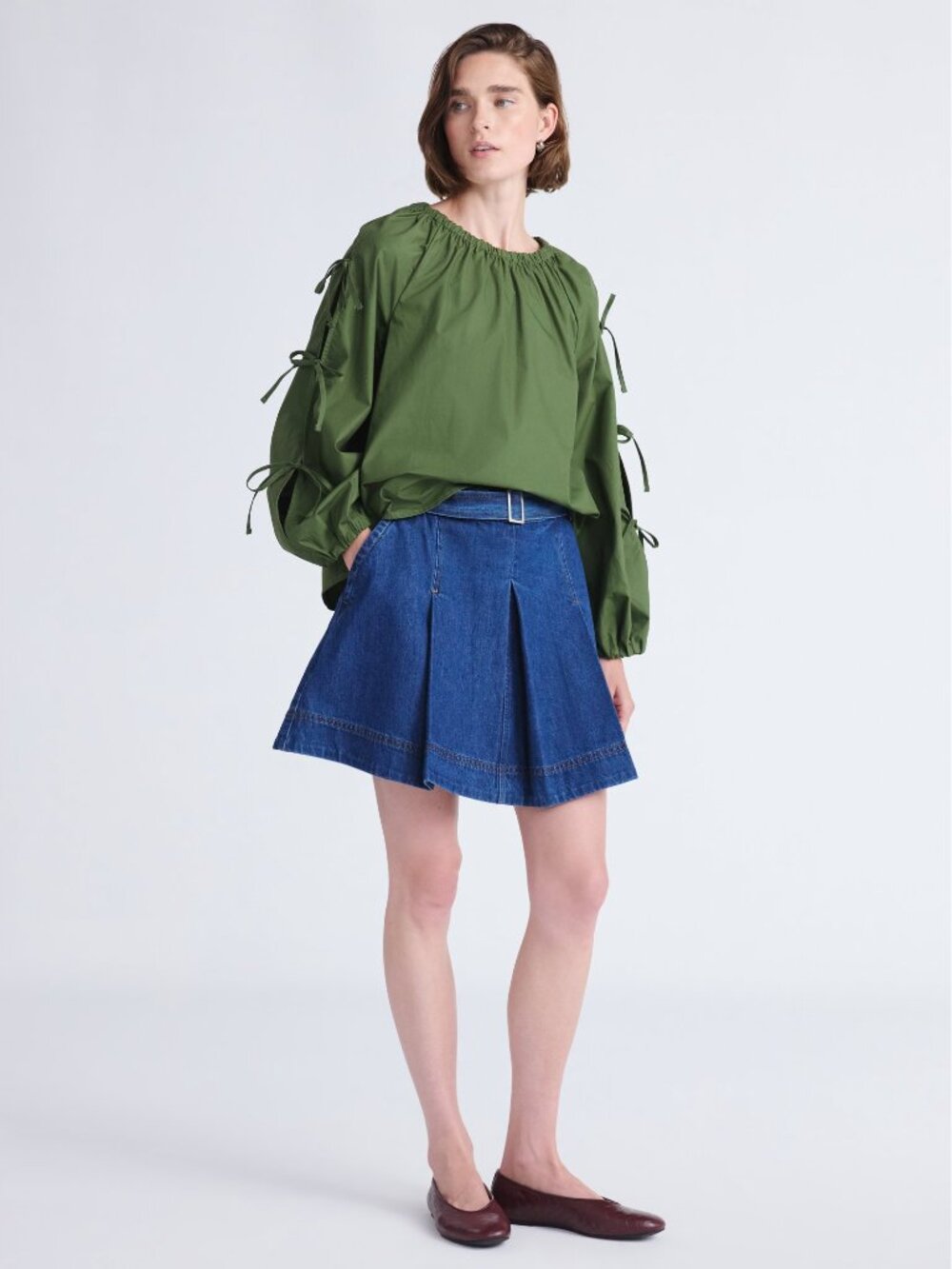 NEW Free Assembly Women's Gathered Neck Cotton Top Dark Olive XS